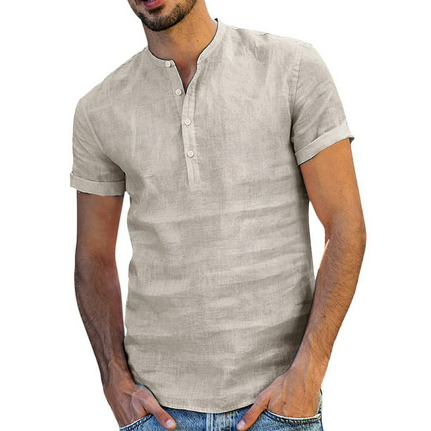 Mens Cotton Linen Top T-Shirt Casual V Neck Slim Fit Western Style Long sleeve B